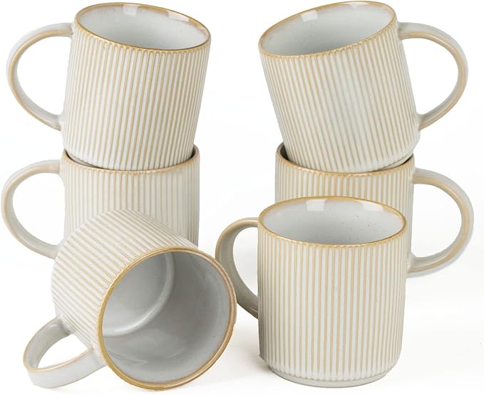 famiware Coffee Mug Set for 6, Star 12 oz Catering Mugs Cup Set with Handle for Coffee, Tea, Cocoa, Milk - Ceramic Stoneware Drinkware Set, Cappuccino White by Famiware