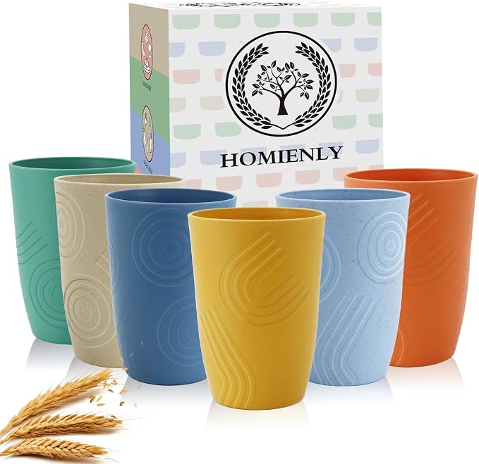 Homienly Wheat Straw Cups Unbreakable Plastic Cups Reusable Drinking Cups for Kitchen, Camping, Picnic, RV, Microwave & Dishwasher Safe Tumblers 16 oz Cups for Kids, Water, Juice, Set of 6 (Multi) by HOMIENLY