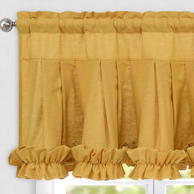 Likiyol Linen Valances for Windows Farmhouse Window Valances with Ruffle Rustic Country Light Filtering Kitchen Valance Curtains Rod Pocket Valance for Bathroom Cafe, Yellow, 52" W X 18" L - Image 3