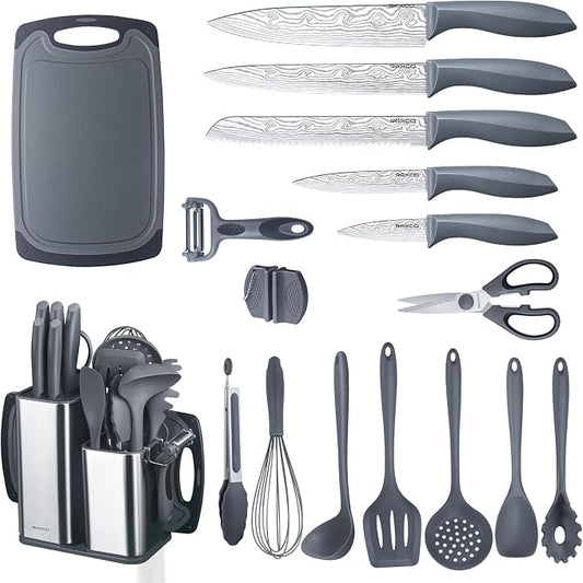 RAXCO Kitchen Set,18-Piece Cooking Utensils and Kitchen Knife Set,Gray | 7-Piece Kitchen Utensils Heat-resistant to 410°F,5-Piece Sharp Knife,5-Piece Cooking Tools and Cutting Board In One by RAXCO