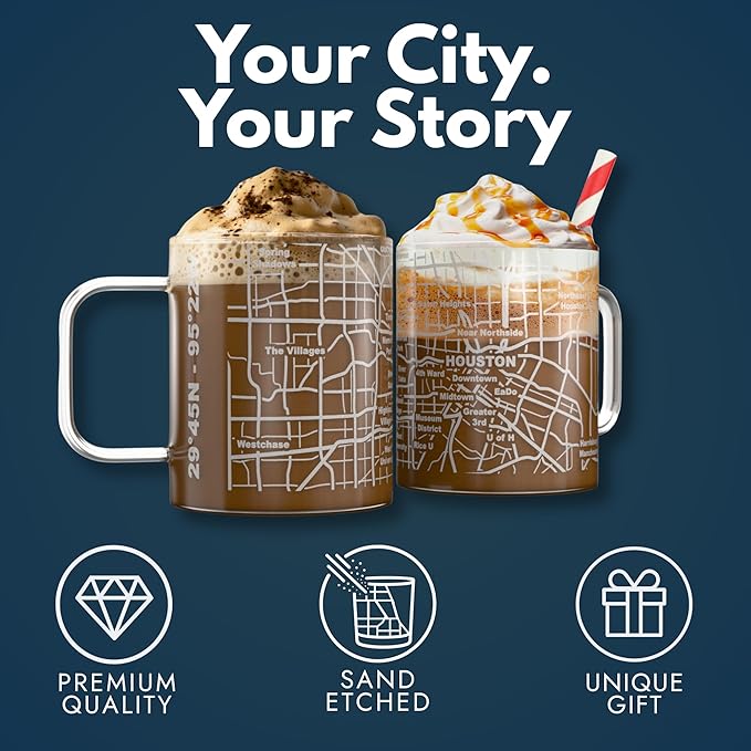 Greenline Goods – Houston, TX Map Glass Coffee Mugs (Set of 2), 16 oz – Etched Wrap Design