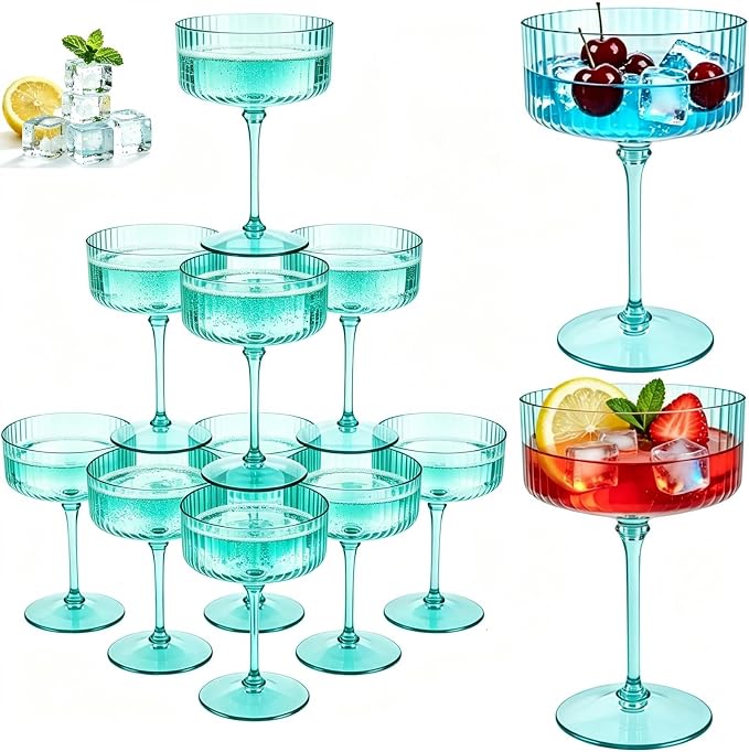 PLULON 12 Pcs Green Coupe Martini Glasses Cocktail Champagne Cup 10 Oz | Ribbed Plastic Martini Espresso Glasses for Bar Drinking Gifts Wedding Birthday Party, Detachable Margarita Cup Glassware by PLULON