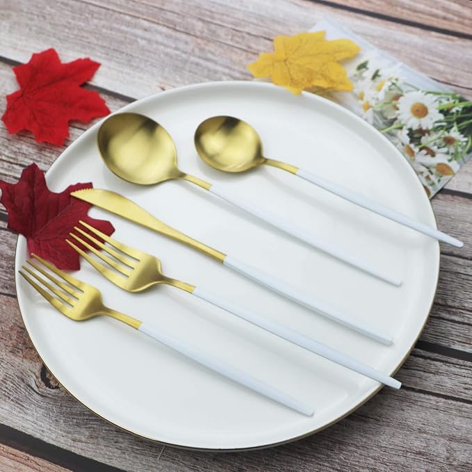 JASHII Silverware Set 36 Piece Food Grade Stainless Steel Flatware Set Fork Spoon Knife Utensils for Daily Use and Party, Service for 6 Anti Rust, Safe in Dishwasher (Matte White handle gold) - Image 7
