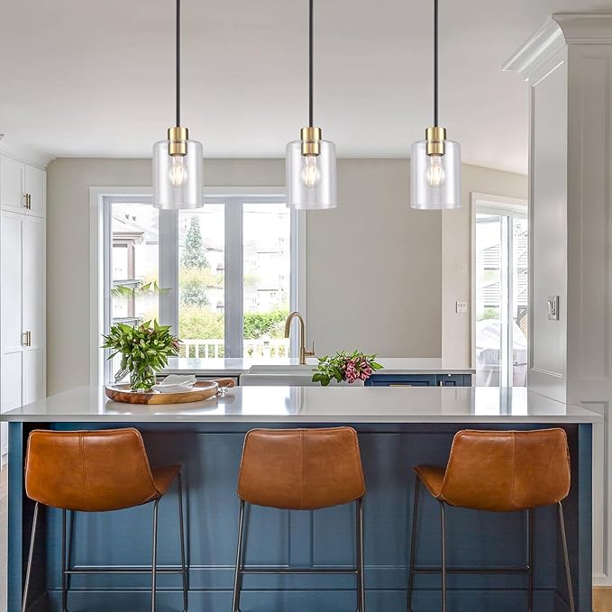 Black Brass Pendant Lights Kitchen Island - Clear Glass Pendant Light Fixture Multiple Stems Rods 3 Units 12 Inch 3 Units 4 Inch (2 Pack Black Brass Downrod) - Image 2