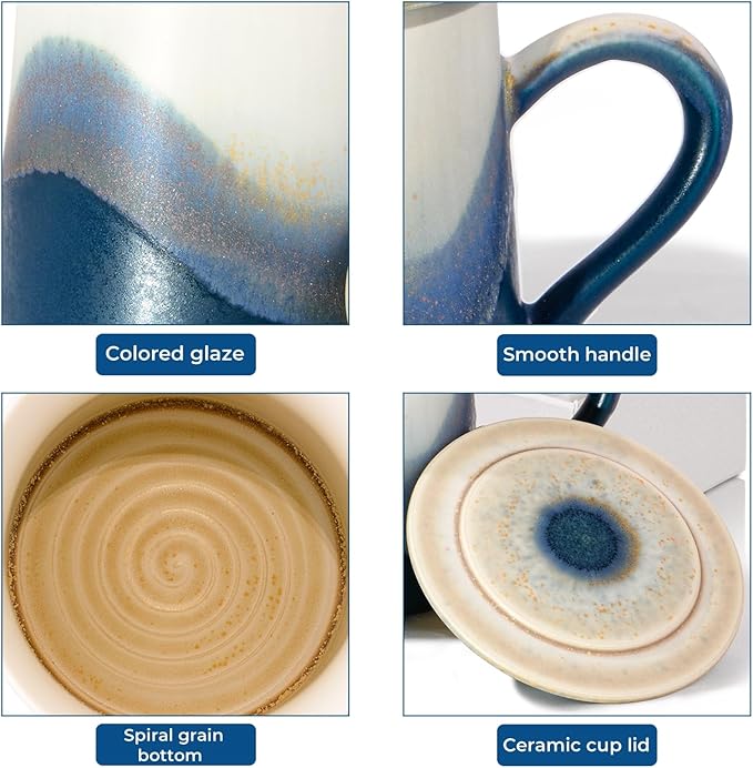 Handmade Ceramic Coffee Mugs, 11.2 OZ Colored Glaze Coffee Cups with Lids, Thanksgiving Gift, Birthday Gift Women, Mom, Dad, Friend, Sister, Brother, Dishwasher and Microwave Cups