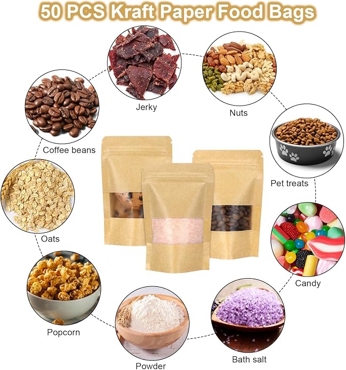 50 Pack Kraft Resealable Bags with Window for Storage (6.5 x 8.7 Inches) | Brown Zipper-Lock Heat Sealable Stand Up Pouch Bags with Matte Window and Tear Notch for Small Business Home Use - Image 4
