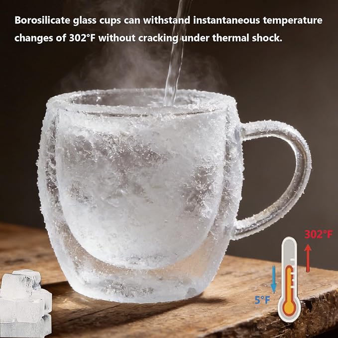 DINGPAI 4 Pack Double Wall Glass Coffee Mugs, 8oz Borosilicate Glass Mug | Heat-resistant, Cappuccino Espresso Tea Latte Cup with Handle, 4 Spoons for Stirring Beverages in Bar, Cafe, or at Home - Image 6