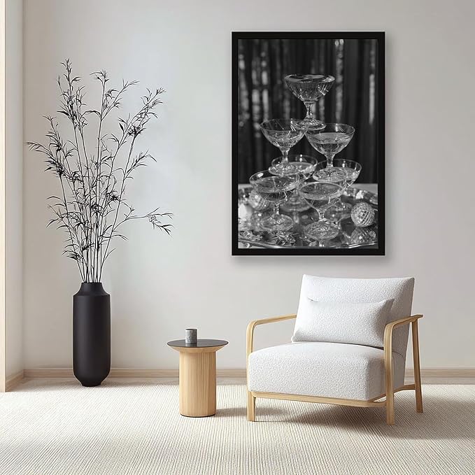 UXCBIA Stacked Champagne Glasses With Mirror Balls, Black And White, Wine Glasses Poster Canvas Poster Bedroom Decor Sports Landscape Office Room Decor Gift Black Frame 16x24in(40x60cm) - Image 7