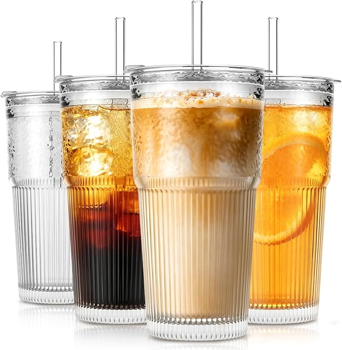 SoulTimes 20oz Wave Ribbed & Wavy Glass Tumbler with Lid and Straw – Iced Coffee Glasses Cups for Smoothie, Matcha, Juice, Water etc. Leakproof and Reusable Glassware Drinking for Travel To Go [4 Pcs] by SoulTimes