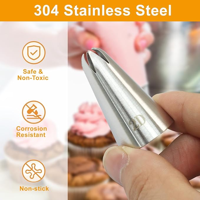 3 Pcs 2D Piping Tips, Stainless Steel Decorating Seamless Nozzles Icing Tips with Coupler Adapter & 12In Silicone Pastry Bag, Baking Tools for Birthday Cakes/Cupcakes/Cookie