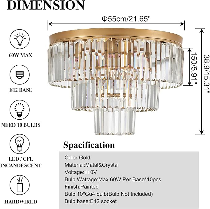 21.65" 10 Light Gold Crystal Ceiling Light for Dining Room | K9 Crystal, Stainless Steel, 3 Tier, E12 Base, Flush Mount, for Kitchen Island Living Room Bedroom Entryway - Image 2