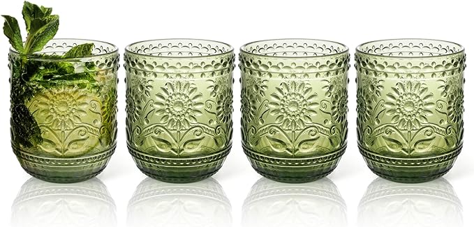 Topsky Vintage Drinking Glass Set of 4,12 oz Embossed Floral Drinkware Set,Green Drinking Glasses Cups Wine Glasses Colored Glassware for Whisky,Beer,Juice,Cocktail,Heavy Duty by HomeandKitchenNO1