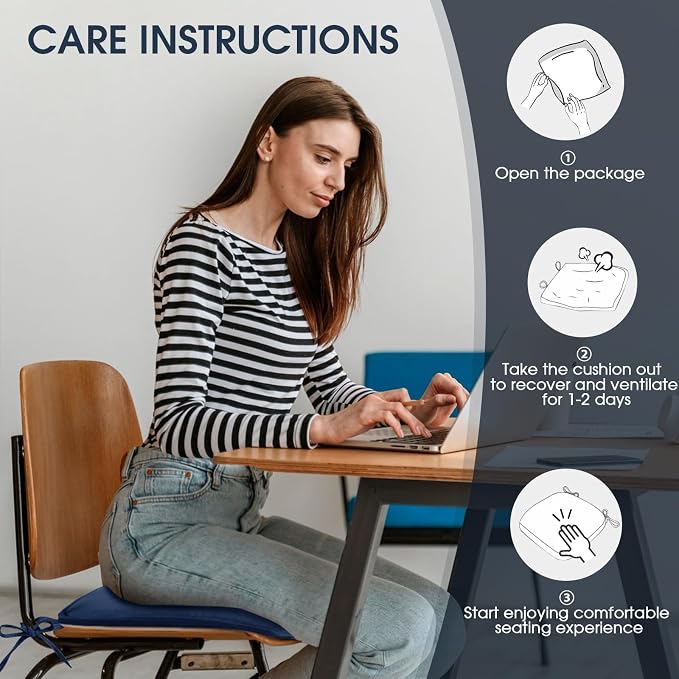 TushGuard Chair Cushions, 4 Pack Memory Foam Chair Pads, Navy Blue | Dining Chair Pads with Fixed Straps, Thin Seat Cushion, Anti-Slip Kitchen Chair Cushion Set - Image 6