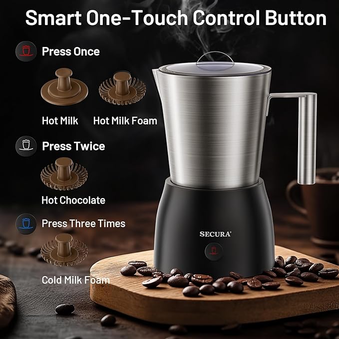 Secura 17oz Electric Milk Frother and Steamer, Stainless Steel Detachable Milk Jug, 4-in-1 Hot & Cold Foam Maker for Latte, Cappuccino & Hot Chocolate, BPA & Teflon-Free, Dishwasher Safe