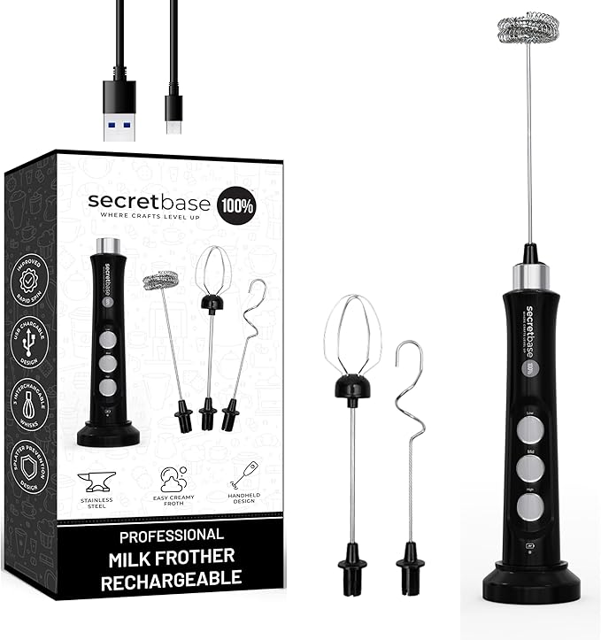 Secretbase USB C Rechargeable Milk Frother Handheld 3 Speed, USB Charging Cradle - Stainless Steel Whisk for Bulletproof Coffee, Espresso Whipper, Mini Electric Stirrer (Black Frother without Pitcher)