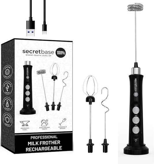 Secretbase USB C Rechargeable Milk Frother Handheld 3 Speed, USB Charging Cradle - Stainless Steel Whisk for Bulletproof Coffee, Espresso Whipper, Mini Electric Stirrer (Black Frother without Pitcher)