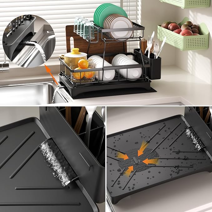 Godboat 2-Tier Dish Drying Rack - Dish Rack with Auto Drain-to-Sink & Mat | Dish Racks for Kitchen Counter, Dish Drainer with Knife Fork & Cup Rack, Gifts for Women, Mothers Day, Kitchen Gadgets, Black - Image 6