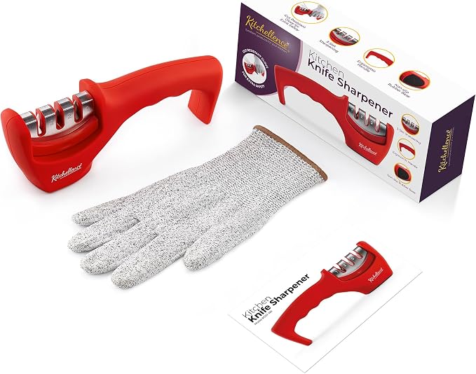 4-in-1 Kitchen Knife Accessories: 3-Stage Knife Sharpener Helps Repair, Restore and Polish Blades and Cut-Resistant Glove - Image 4