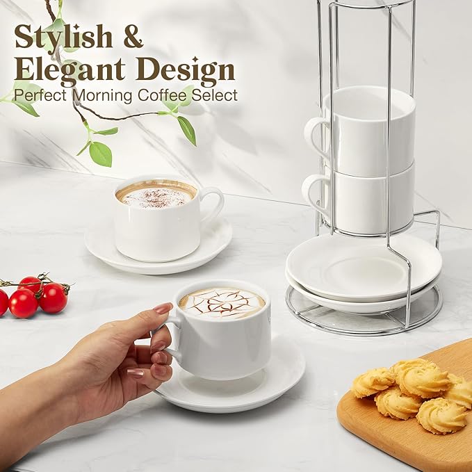 8 Ounce Porcelain Cappuccino Cups with Saucers and Stainless Steel Stand, Stackable Espresso Cups Set of 4, White Ceramic Coffee Mugs for Home, Office, Cafe or Gift