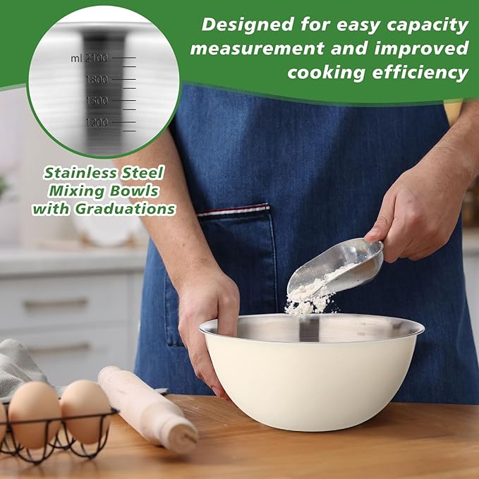 12 Pcs Stainless Steel Mixing Bowls Nesting Metal Prep Salad Bowls with Scale Reusable Baking Cooking Food Soup Storage Organizers for Kitchen Refrigerator(2.2QT)