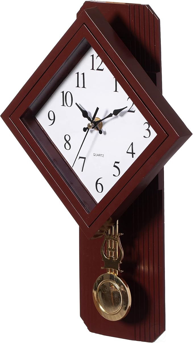 Clockswise Traditional Brown Square Wood- Looking Pendulum Plastic Wall Clock for Living Room, Kitchen, or Dining Room - Image 3