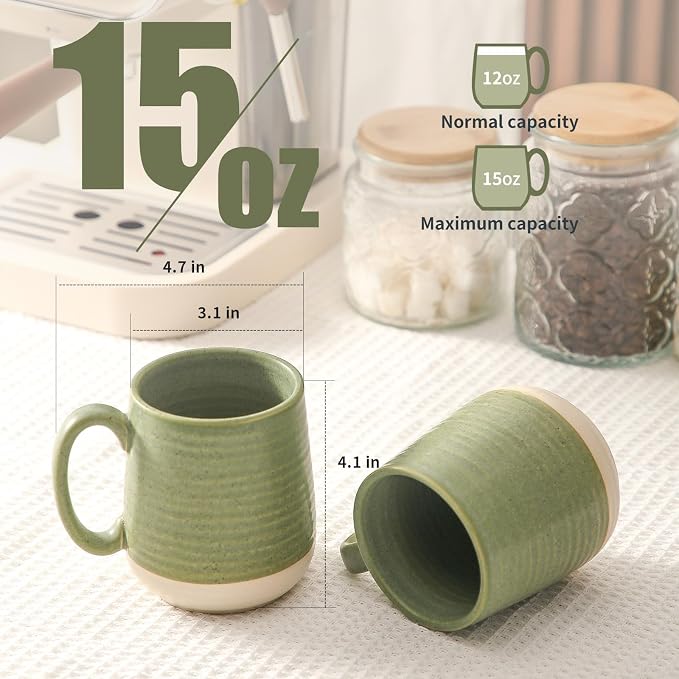 Large Ceramic Coffee Mugs Set - 15 OZ Porcelain Coffee Latte Cups Set of 4 with Handle Perfect for Cappuccino, Tea, Mocha, Hot or Cold Drinks, Unique Glaze Design for Home, Cafe and Coffee Bar, Green - Image 3
