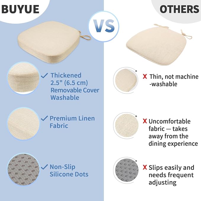 BUYUE Thickened 2.5" Friendly Woven Fabric Dining Chair Cushion, U-Shape High Density Foam Comfortable Chair Pad for Kitchen, Slip Resistant Indoor Seat Cushion (1 Piece, Beige) - Image 6