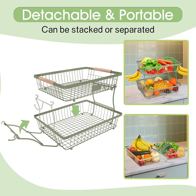 Fruit Basket Bowl 2 Tier Detachable with 2 Banana Hangers, Fruit Stand Holder for Kitchen Countertop, Metal Wire Vegetable Storage Organizer, for Bread Snack Veggies Produce,green - Image 4