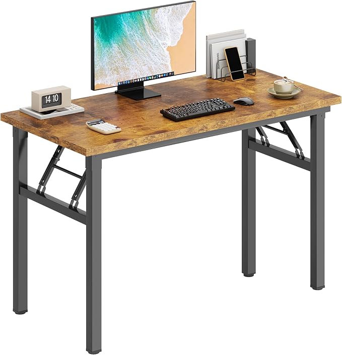 DlandHome 39.4 Inch Small Folding Computer Desk for Home Office, Retro | Foldable Writing Table for Small Spaces Bedroom, No Assembly Required, Wood Top Metal Frame, Collapsible Compact Easy Storage by DlandHome