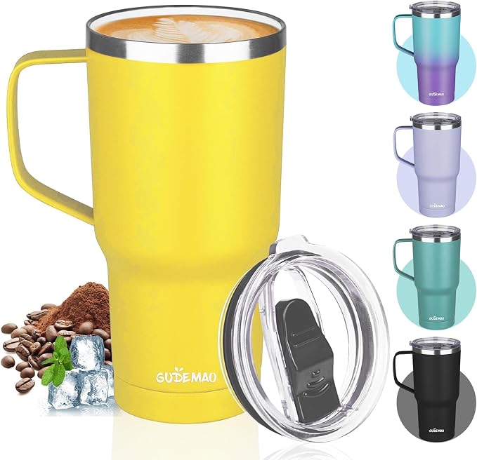 20 oz Insulated Coffee Mug with Ceramic Coating, Stainless Steel Travel Mug Tumbler with Handle Lid and Straw, Double Wall Leak-Proof Coffee Travel Mug Keeps Drink Hot and Cold (Yellow) by GUDEMAO