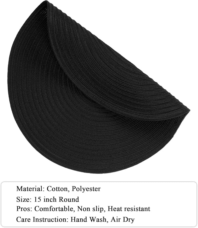 SHACOS Black Round Placemats Set of 12 Heavy Cotton Polyester Woven Braided Place Mats Washable Heat Resistant Non Slip Table Mats - Image 4
