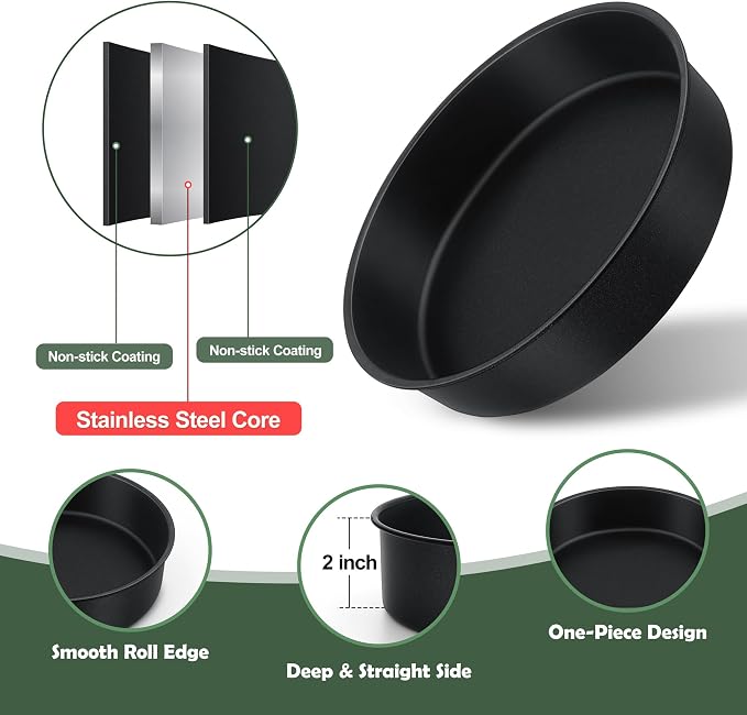E-far 9.5 Inch Cake Pan Set of 3, Nonstick Round Baking Layer Cake Pans, Stainless Steel Core & Non-Toxic Coating, 2 Inch Deep (Black) - Image 3