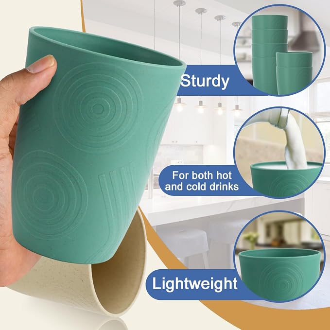16 OZ Drinking Cups, Wheat Straw Cups Set of 6 - Reusable Water Cups, Unbreakable Plastic Drinking Glasses, Dishwasher Safe Tumbler Cups for Kitchen, Camping, RV -Green - Image 4