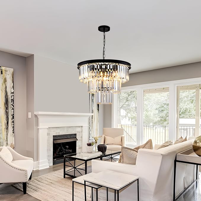 8 Light Modern Crystal Chandelier 20'' Black Chandeliers for Dining Room Contemporary Pendant Light Fixture Round 3-Tier Adjustable Height E12 for Living Room, Foyer, Entryway, Bedroom - Image 9