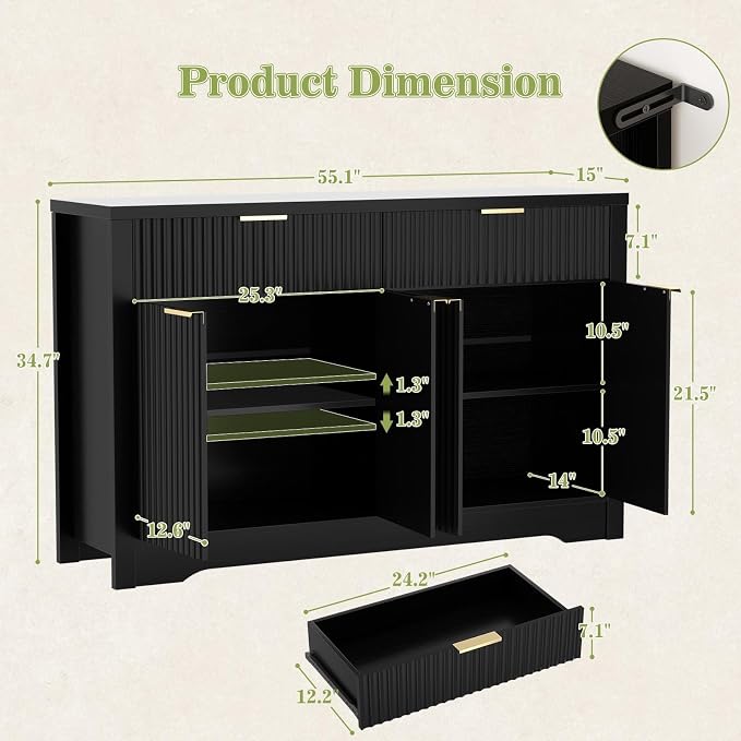 Cyclysio 55" Fluted Buffet Cabinet with Drawers, Modern Sideboard Credenza with Adjustable Shelves, Coffee Bar Table with Storage for Dining Room, Entryway, Kitchen, Black - Image 3