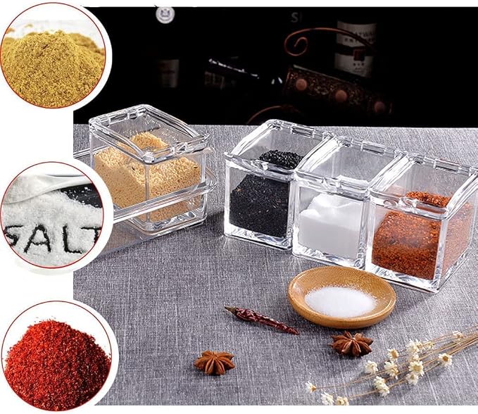 CLUQMEIK Clear Seasoning Box,4 Spice Jars Condiment Containers with Lids and 4Pcs Spoons 1Pcs Tray Seasoning Organizer for Salt, Sugar,Cardamon, Cinnamon,Cloves,Mustard,Nutmeg,Pepper and Tumeric - Image 4
