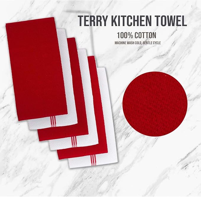 LANE LINEN 16 Pc Kitchen Dish Towels Set - 6 Absorbent Terry Kitchen Hand Towels, 6 Dish Cloths for Washing Dishes, 2 Silicone Grip Potholders & 2 Silicone Oven Mitts - Red - Image 6