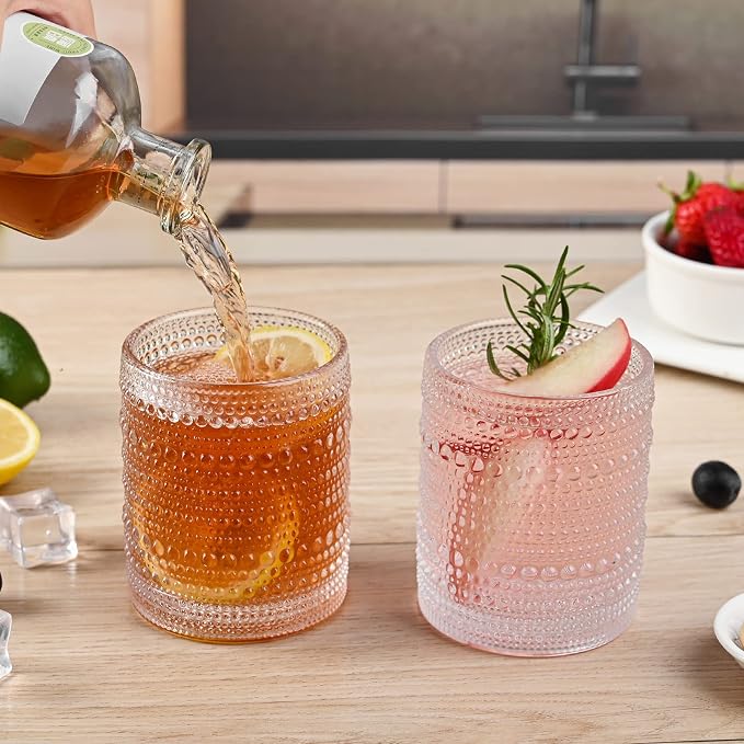 ZMOWIPDL Drinking Glasses Set of 6,12oz Clear Hobnail Glass Cups | Vintage Glassware，Embossed Water Tumbler,for Beer,Cocktail,Whiskey,Juice and Various Mixed Drinks- 1 Cleaning Brush - Image 4