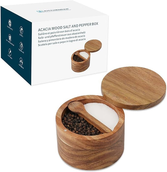 KITCHENDAO Acacia Wood Salt and Pepper Bowl Box, Built-in Spoon, Two Compartments Spice Seasoning Container, Sea Salt Cellar Holder, Magnetic Swivel Lid, Dual 5oz Capacity by KITCHENDAO
