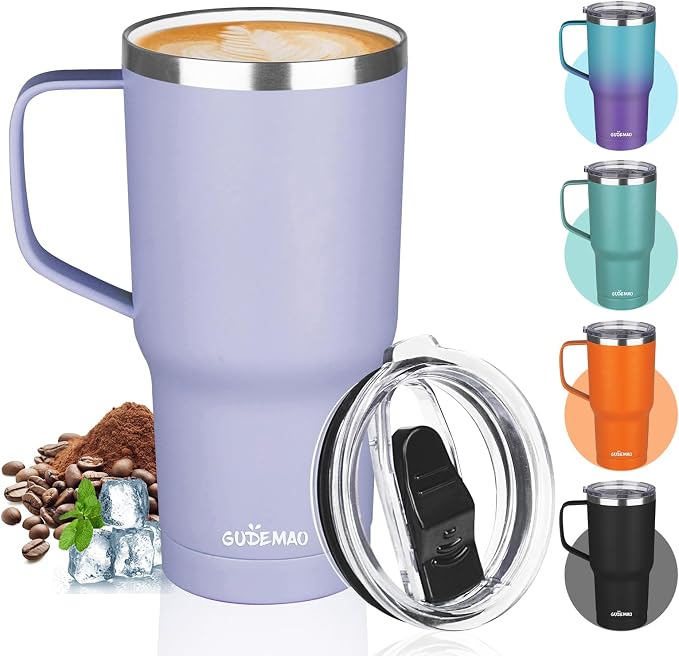 20 oz Insulated Coffee Mug with Ceramic Coating, Stainless Steel Travel Mug Tumbler with Handle Lid and Straw, Double Wall Leak-Proof Coffee Travel Mug Keeps Drink Hot and Cold (Light Purple) by GUDEMAO