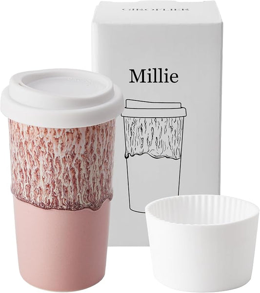 Ceramic Travel Mug with Lid (12 oz) – Cute Aesthetic Coffee Cup for Women, Stylish Reusable Travel Mug, Microwave & Dishwasher Safe, Fits Car Cup Holder (Icy Pink) by Giroflier