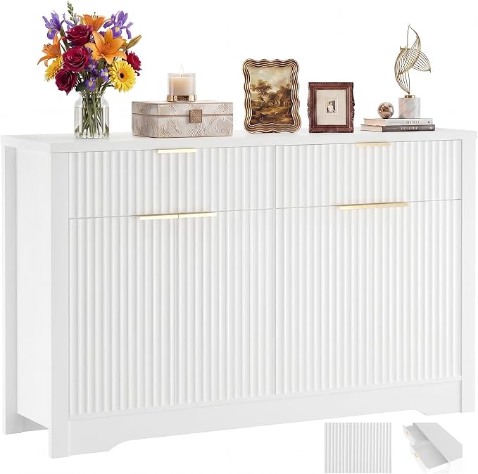 Cyclysio 55" Fluted Sideboard Buffet Cabinet with Drawers, White | Modern Accent Storage Console Table & Coffee Bar Station with Adjustable Storage Shelves for Dining Room, Kitchen, Entryway by Cyclysio