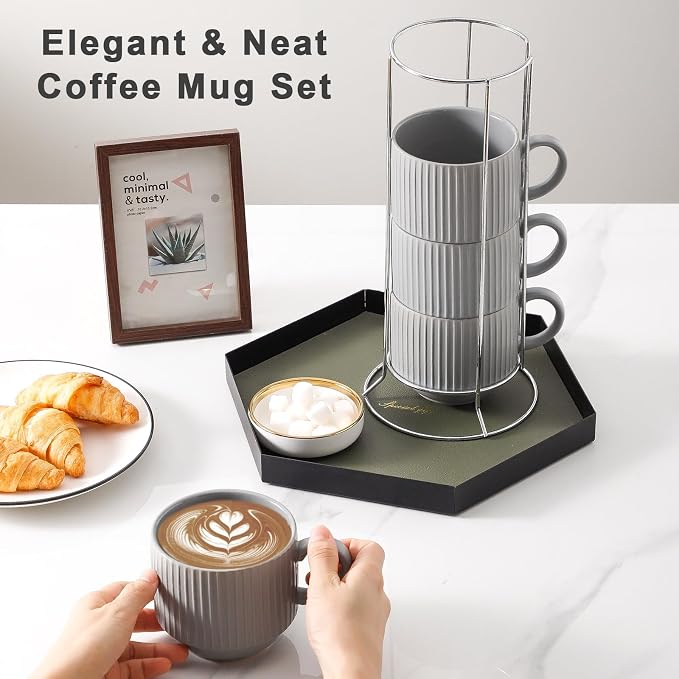 Hasense Coffee Mugs Set, Stacking Tea Cups Set of 4 with Holder - 15 oz Large Ceramic Ribbed Latte Cup Set for Cappuccino, Tea, Hot Cocoa, Drinks - Dishwasher & Microwave Safe, Grey - Image 5