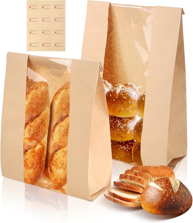 100 Pack Paper Bakery Bread Sourdough Bags with Stickers Bakery Packaging Bags with Window for Homemade Bread by Bakbania