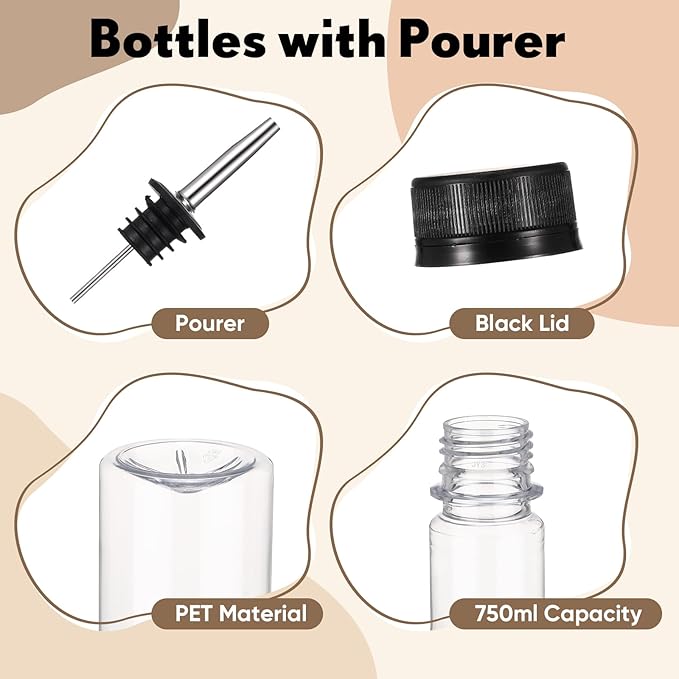 25 oz Plastic Long Neck Bottle with Stainless Steel Leakproof Tapered Spout Pourer and Cap Syrup Alcohol Juice Coffee Liquor Container for Home Christmas Party Bar Service Bartending Supplies(16 Pack)