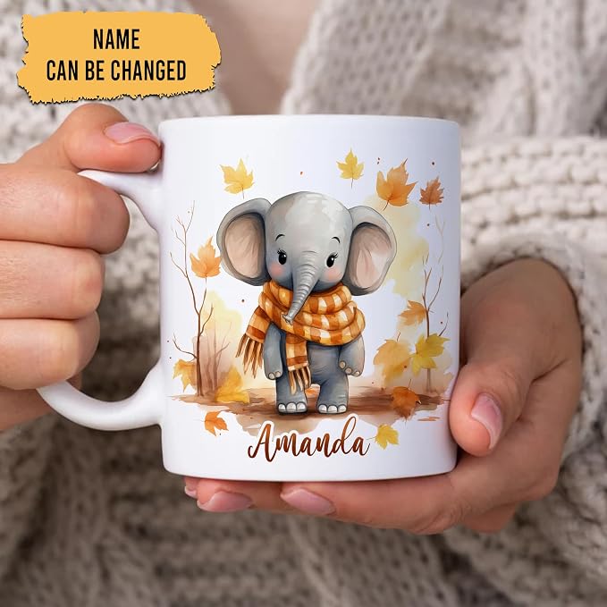 Hyturtle Personalized Fall Elephant Maple Leaves Coffee Mug, Autumn Décor | Birthday Gifts For Elephant Lovers - Fall Gifts For Farmhouse Thanksgiving - Custom Name 11oz White Ceramic Coffee Tea Mug - Image 2