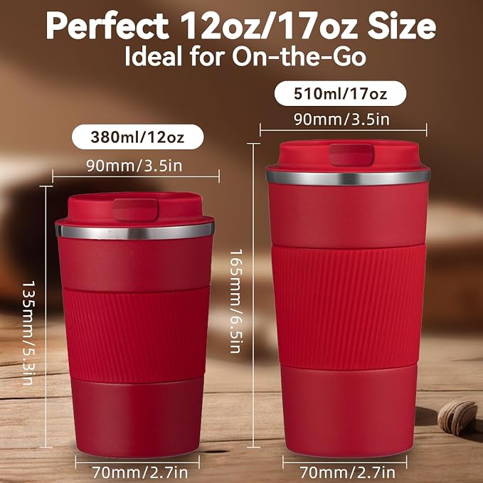 12OZ Travel Coffee Mug Insulated Coffee Cup with Spill Leak Proof Lid, Portable Stainless Steel Tumbler Reusable Hot and Cold Water Mug for Car, Daily, Camping- Red - Image 2