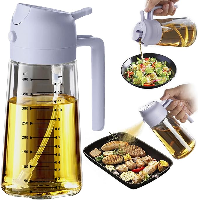 TrendPlain 16oz/470ml Glass Olive Oil Sprayer for Cooking - 2 in 1 Olive Oil Dispenser for Kitchen Gadgets, Air Fryer, Salad, and BBQ - Periwinkle by TrendPlain