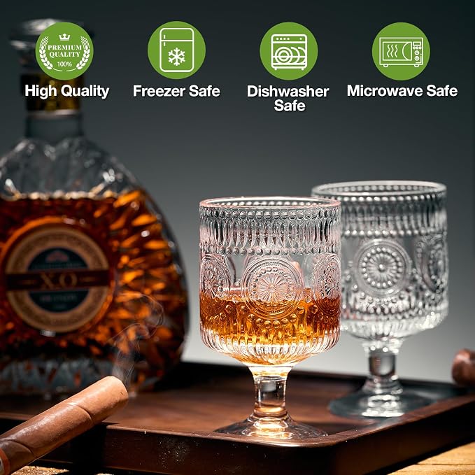 6 Packs Vintage Goblet Glasses, 8 oz Wine Glasses, Embossed Floral Glass Cups Set, Clear Drink Glasses, Drinking Goblets, Bar Tumbler Glassware for Iced Tea, Wine, Beer, Juice, Cocktail, Whiskey - Image 3
