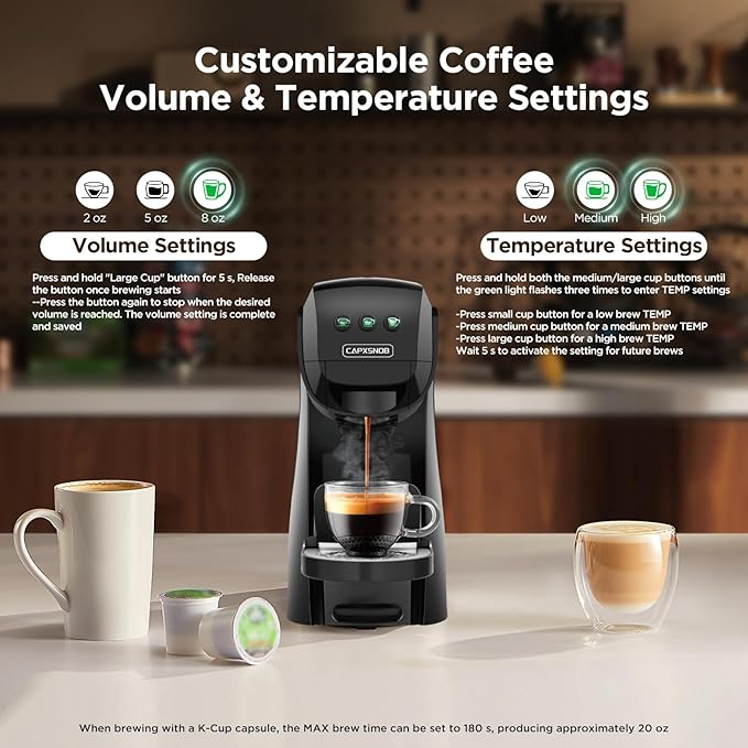 Warriors1 4-in-1 Coffee Maker & Espresso Machine for Pods & Ground, 20 Bar | Fits K Cup/Nespresso/Dolce Gusto Pods/Ground, 3 Cup Sizes & Custom Vol/Temp, 5.3" W for Kitchen/Office/Dorm, Durable PA66+GF - Image 6